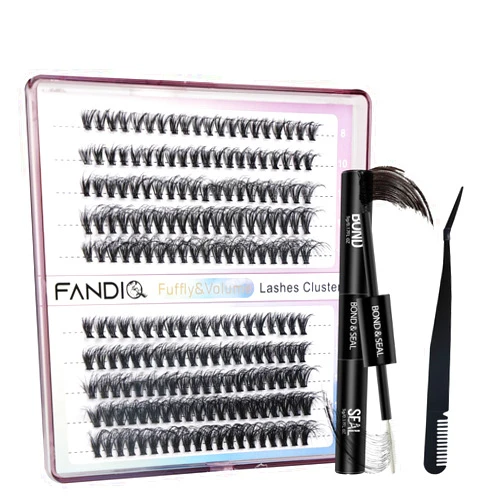 FANDIQ Cluster Lashes Extension Kit,200PCS Individual Eyelash Extension Kit 8-16MIX Fluffy DIY Lash Clusters D Curl Wisper Lashes Kit with Lash Bond and Seal Lash Tweezers for Self Use(30D&40D MIX)