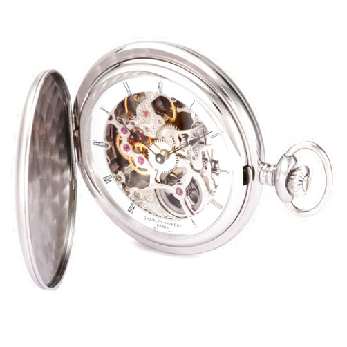CHARLES-HUBERT PARIS Charles-Hubert, Paris 3906-W Premium Collection Stainless Steel Satin Finish Hunter Case Mechanical Pocket Watch