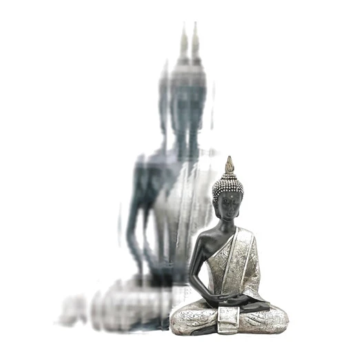 Bellaa Buddha Statue Zen Home Decor 8 inch Mindfulness Meditation Sculpture Peace Harmony Dhyana Mudra Sitting Blessing Black and Silver Altar Figurine