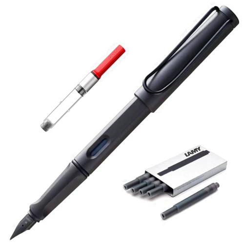 Boxiti Set - Lamy Safari Fountain Pen Charcoal, Fine Nib | 5 Black Ink Cartridges, Z28 Converter and Wipe