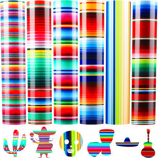 Tatuo Cinco De Mayo Printed Transfer Vinyls HTV Mexican Design Heat Transfer Vinyls Serape Pattern Vinyls Striped Vinyl Sheets for Mexican Fiesta Theme Party, 9.84 x 11.81 Inch (Vibrant Colors)
