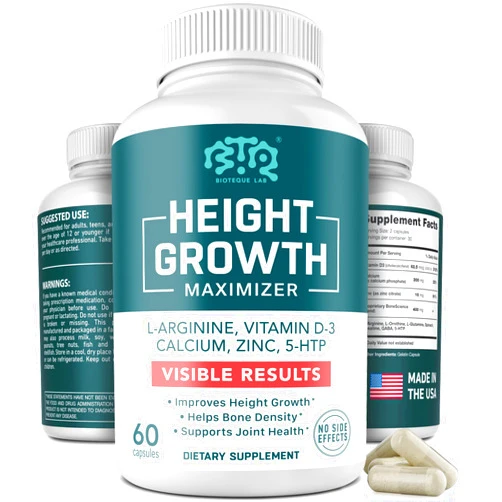 BTQ BIOTEQUE LAB Height Growth Maximizer, Calcium, Vitamin D3 and Zinc Blend Pills, Bone Growth Supplement for Kids and Teens, Bone Strength, Density Support, GMO-Free, Gluten-Free, Made in USA, 60 Caps