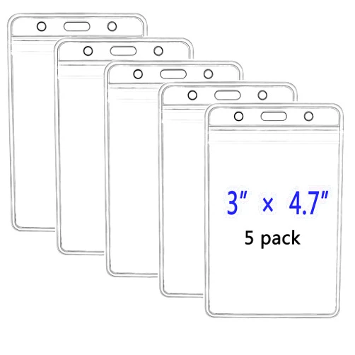 Juanooo Transparent ID Card Badge Holder, Vertical Clear PVC Card Holder with Waterproof Resealable Zip Type for Name Tag Card, Office(5pcs)
