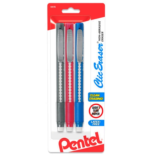 Pentel Clic Retractable Eraser with Grip, Assorted Barrel Colors (ZE21BP3M) (Pack of 3)