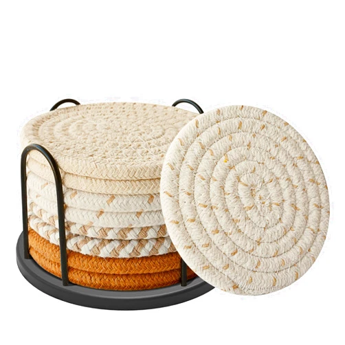 Lazebox Coasters Set of 8 for Drinks, Beer, Coffee, Cotton Woven 4 Colors Absorbent Coaster with Holder, Boho Coasters for Home Decor Tabletop Protection Suitable for Kinds of Cups, Coffee