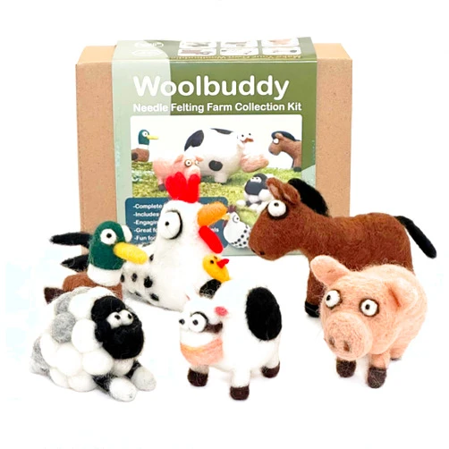 Woolbuddy Needle Felting Kit - Farm Animals for Beginners & Adults, Includes Mini Felting Pad, Soft Wool, 4 Needles, and Clear English Instructions