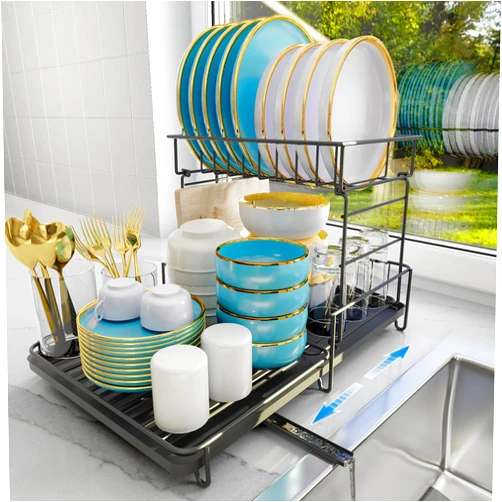 Apex Artifacts Corporation 2 Tier Dish Drying Rack - Stainless Steel Large Dish Racks For Kitchen Counter, Rustproof Expandable Dish Drying Rack With Drainboard, Dish Strainers For Kitchen Counter, Black