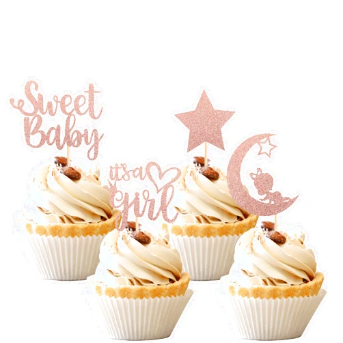ZHUOWEISM 36 PCS Baby Shower Girl Cupcake Toppers with Moon Glitter Star It's a Girl Sweet Baby Gender Reveal Cupcake Picks Baby Shower Kids Girls Birthday Party Cake Decorations Supplies Rose Gold