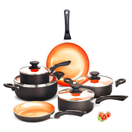 FRUITEAM 10-Piece Black Aluminum Cookware Set with Lids, Includes Soup Pot, Milk Pot and Frying Pans, Induction Gas and Electric Stovetop Compatible