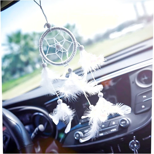 Moly Magnolia Handmade Dream Catcher Car Rear View Mirror Hanging Accessories, Elegant White Feathers Dream Catcher Ornament for Wall Hanging, Rear View Mirror Accessories for Women and Men, Car Interior Decor