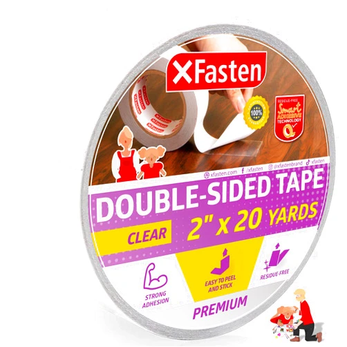 XFasten Clear Double Sided Sticky Tape, Removable, 2-Inches x 20-Yards, Single Roll Ideal as an Anti-Scratch Cat Training Tape, Holding Carpets, and Woodworking
