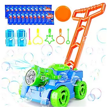 UKBOO Bubble Lawn Mower for Kids, Automatic Bubble Mower with Lights, Bubble Solution, Baby Push Toys, Toddler Outdoor Toys for Girls Boys Birthday Gift - Orange Bubble Machine