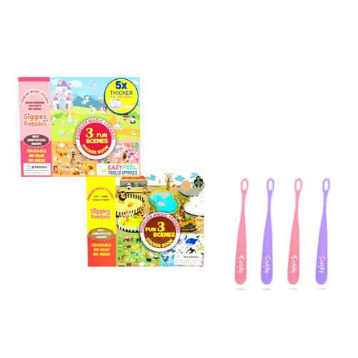 Giggles and Pebbles Magic Sticker Book (2-Pack) and Cuddle Baby Gum Friendly Silicone Spoon (4-Pack) Bundle