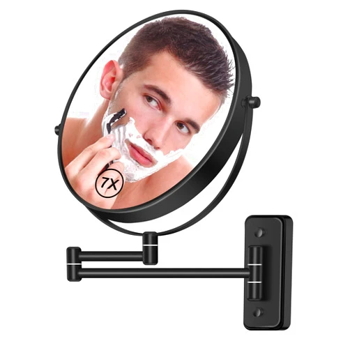 BTremary 8” Wall Mounted Magnifying Makeup Mirror 1X/7X Wall Mount Mirror Swing Arm Two-Sided 360° Swivel Bathroom Shaving Mirror for Men and Women in Hotel/Home, Black