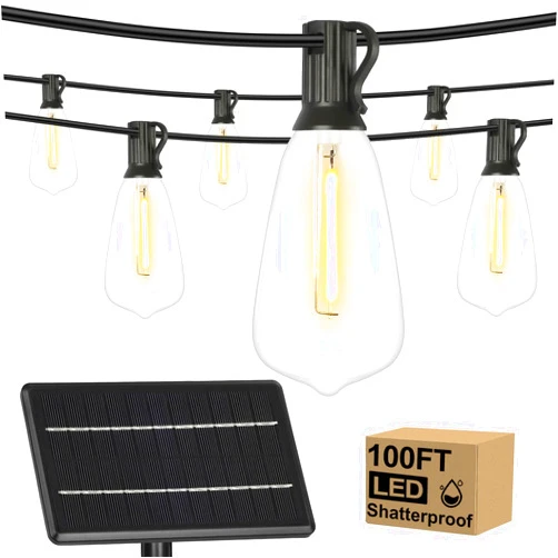 Brightever LED Solar String Lights Outdoor Waterproof, 100FT Solar Powered Patio Lights with 50+2 Shatterproof ST38 Vintage Edison Bulbs, 4 Lighting Modes Hanging Light for Outside Garden, Deck, Porch