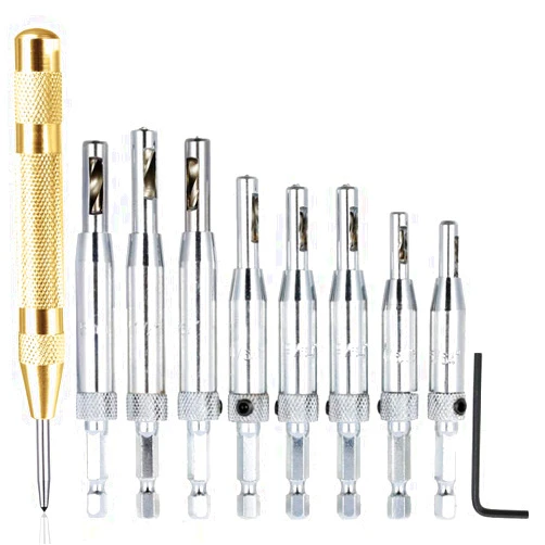 AFUNTA 8 pcs Center Drill Bit Sets with Automatic Center Punch, Self Centering Hinge Tapper Core Hole Puncher Woodworking Tools for Cabinet Door 5/64'' 7/64'' 9/64'' 11/64'' 13/64'' 5mm 1/4''