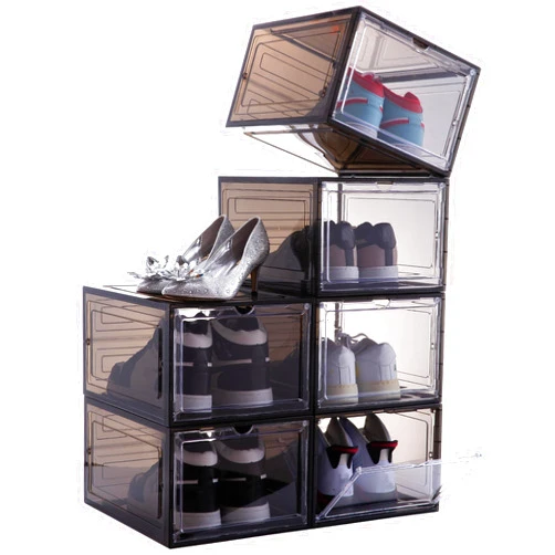Attelite Shoe Box,Set of 6,Stackable Plastic Clear Shoe Box Organizer with Magnetic Door,Shoe Storage Box Thicken Sturdy,Easy Assembly,Fit up to US Size 12,Black