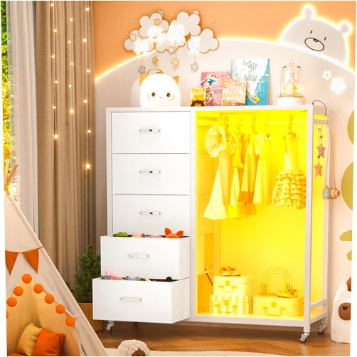 Girapow Dresser for Bedroom with Hanging Rack, White 5 Drawers Dresser with Power Outlets & LED Lights, 2-1 Storage Unit Dressers with Lockable Wheels, Wooden Top, Bedroom, Closet, Entryway