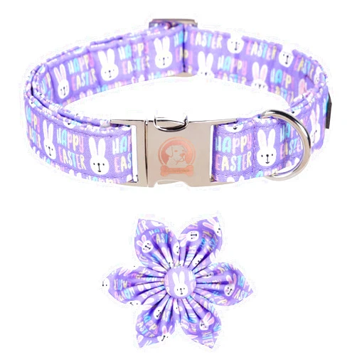MR.CHUBBYFACE MR. CHUBBYFACE Easter Dog Collar Bow Purple Rabbit Dog Collar with Flower Adjustable Soft Dog Collar Bowtie for Small Medium Large Dogs