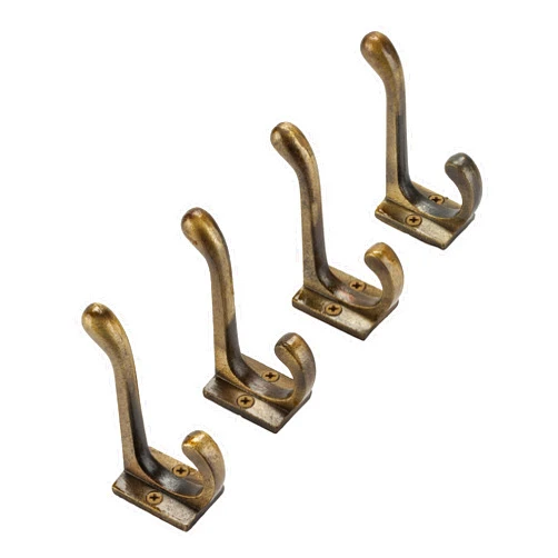 CRAFTSMAN ROAD Vintage Cast Iron Wall Hooks (Antique Brass Finish, Set of 4) - Rustic, Farmhouse Coat Hooks | Great for Coats, Bags, Towels, Hats | Classic Stout