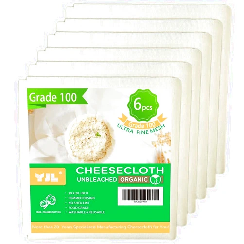 YJL Organic Cheese Cloths Grade 100, 6 PCS 20x20 Inch, Hemmed Unbleached Cheesecloth for Straining, Ultra Fine Reusable Cheesecloth for Cooking, Roasting, Cheese Making, Steaming