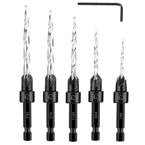Valkynos Countersink Drill Bit Set 5Pcs #4#6#8#10#12 Tapered Drill Bit for Woodworking, Counter Sink Drill Bit for Wood, Hex Shank Quick Change Counter Sinker Pre Hole Drill Bit Set