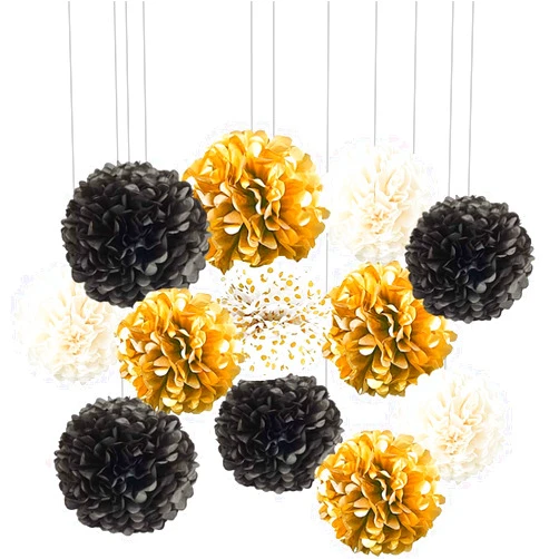 XIKSXITN 12 pc Black Gold Gradient Tissue Paper Pompoms-Hanging Gold Dot White Paper Pom Poms Paper Flowers Ball for Party Decorative(8&10&12 inch)