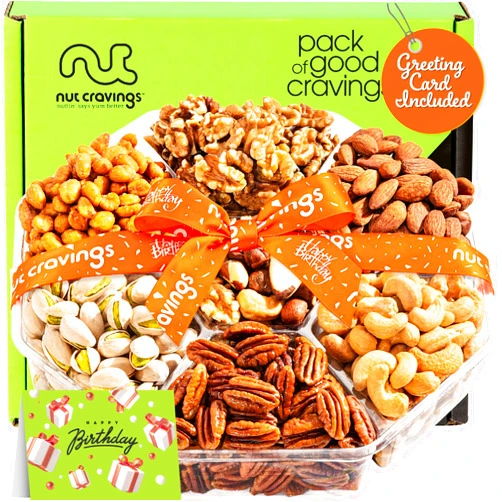 NUT CRAVINGS Gourmet Collection - Happy Birthday Nuts Gift Basket with Happy Birthday Ribbon (7 Assortments) Food Bouquet Platter, Bday Care Package Tray, Healthy Kosher Snack