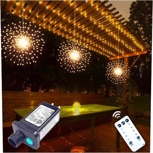 PXBNIUYA 3 Pack 600 LED Plug-in Starburst Lights, Firework Lights 8 Modes Dimmable Remote Control Waterproof Hanging Fairy Light, Copper Wire Lights for Patio Party Tent Christmas (Warm White)