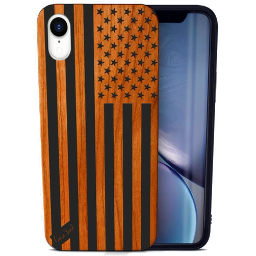 CaseYard Wood Phone case for iPhone XR Laser Engraved American Flag Design Black Wood Compatible iPhone case Protective Shockproof Slim fit Cell Phone Cover for Men & Women