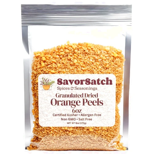 SavorSatch Dried Orange Peel Granules - 6 oz Stand-Up Resealable Pouch | Certified Kosher, Non-GMO | Product of Spain | Fresh and Zesty Citrus Flavor for Cooking, Baking, and Beverages