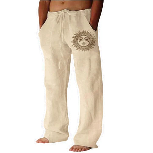 Puimentiua Cotton Linen Pants Men, Summer Beach Pants Loose Fit with Elastic Waist Drawstring