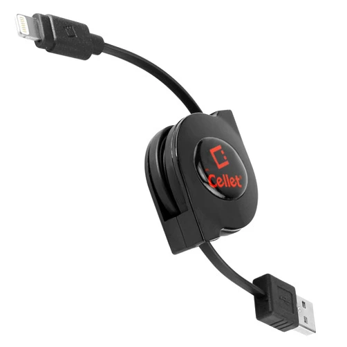Cellet Retractable Lightning iPhone Cable, Charging Cord Compatible with Apple iPhone 14 Pro Max Plus Mini 13 12 11 Xs Xr X SE 8 7 6 5 iPad Pro Air Mini 6 iPod Touch, Nano (MFI Certified) (Lighting Black)
