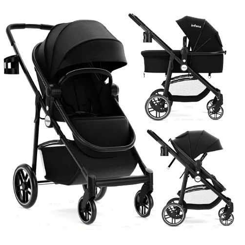 INFANS 2 in 1 Baby Stroller, High Landscape Infant Stroller & Reversible Bassinet Pram, Foldable Pushchair with Adjustable Canopy, Storage Basket, Cup Holder, Suspension Wheels (Black)