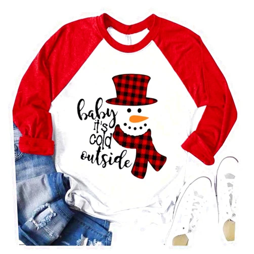 Gibobby T Shirts for Women Plus Size,Christmas Plaid Snowman Print Baseball T-Shirt Funny Long Sleeve Letter Graphic Tees Tops