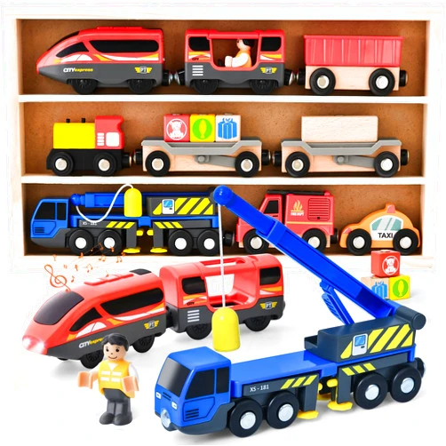 Atoylink Electric Train Set Toys Wooden Magnetic Cars - Locomotive Auto Reverse/Park/Sound/Light, Gift for 3 4 5 6 Year Old Toddlers Kids Boys Truck Trains Toy, Compatible with Common Wooden Train Tracks