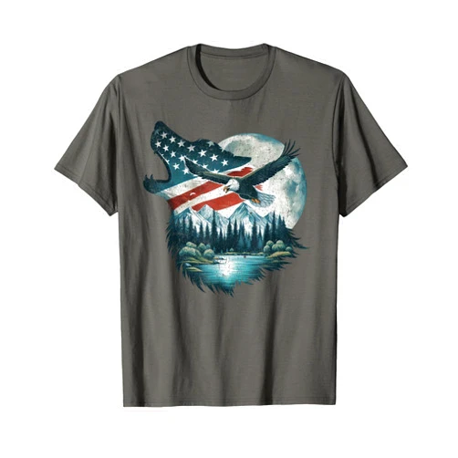 American Wildlife Art For Nature Lover Man Woman Bald Eagle Wolf US Flag 4th Of July Patriotic Man Woman T-Shirt