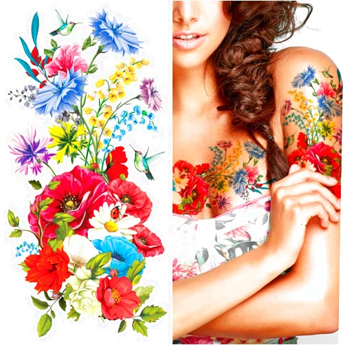 Supperb Temporary Tattoos - Hand drawn Colorful Summer Flower Bouquet (Set of 2)