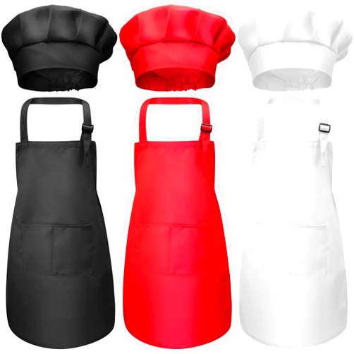CHENGU 6 Pcs Kids Apron and Chef Hat Set Adjustable Child Apron with 2 Pockets for Boys Girls Toddler Cooking Baking Painting Kitchen, Red, Black, White(Large,Color 1)