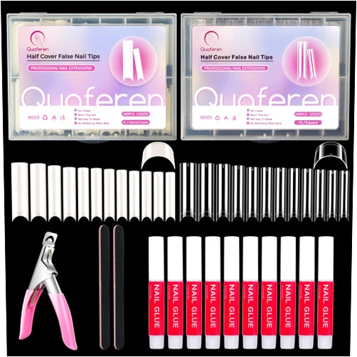 Deciniee 480PCS Extra Long C Curve Nail Tips and Glue, 2 Packs Natural and Clear Acrylic for Nails Professional Set, 12 Sizes Artificial Straight Square French False Nail Tips