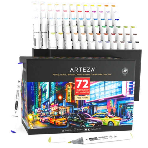 ARTEZA Art Alcohol Markers Set of 72 Colors, EverBlend Dual Tip Markers with Organizer Box, Fine and Broad Chisel Nib