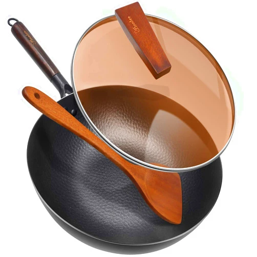 ANEDER Carbon Steel Wok Pan with Lid & Wood Spatula, 12.5