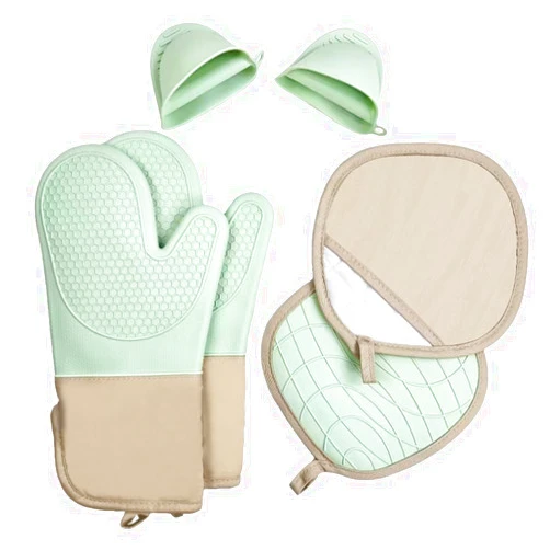 L5O2V0E 6-Piece Silicone Oven Mitts Set, Heat Resistant Kitchen Gloves with Soft Cotton Lining, Pot Holders & Mini Mitts for Cooking, Baking, BBQ – Light Green