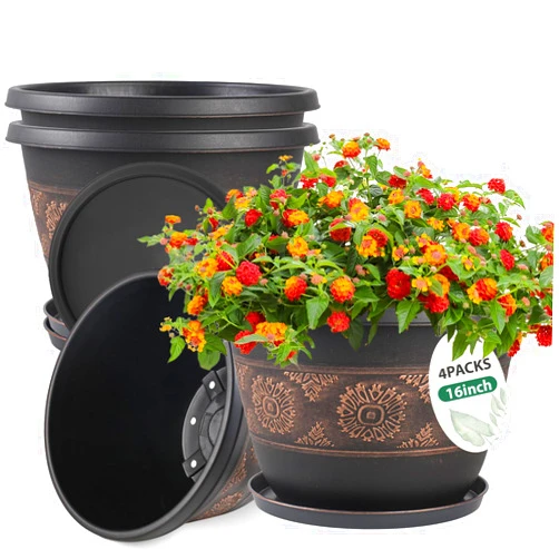 Usocik 4 Pack 16 inch Plant Pots, Retro Pattern Planters with Drainage Holes and Saucer, Sturdy Plastic Garden Flower Pots for Indoor & Outdoor Plants