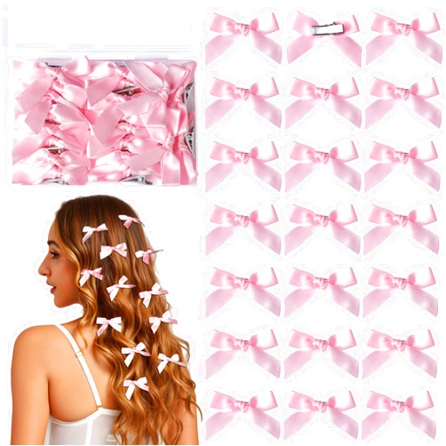YGDZ Pink Mini Bows, 20PCS Ribbon Pink Hair Clips Barrettes with Box, Small Pink Bow for Hair, Cute Hair Bowknot, Hair Accessories for Women Girls