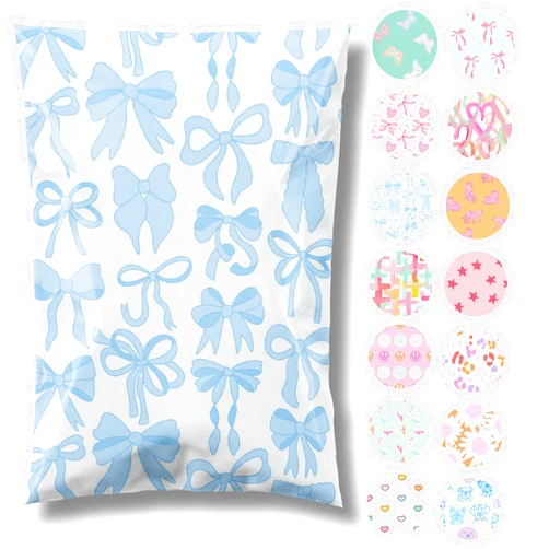 Pretty Package 6x9 Designer Poly Mailer 100 Pack Heavy Duty Waterproof Self Seal Shipping Bags for Small Business Large Mailing Envelopes Bulk Tear Resistant Packaging Blue Bows