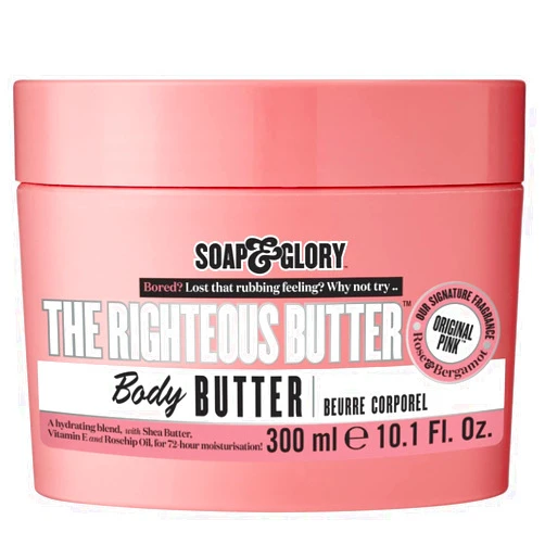 Soap & Glory The Righteous Moisturizing Body Butter - Hydrating Body Moisturizer for Dry Skin with Shea Butter, Vitamin E & Rosehip Seed Oil - Rich Body Cream for Women & Men (300ml)