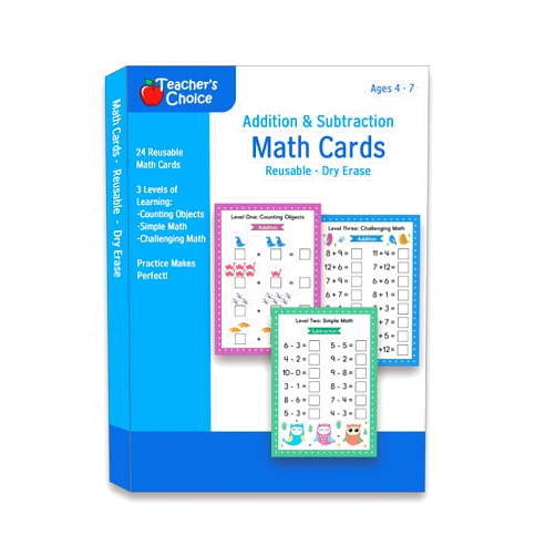 Apostrophe Games Addition & Subtraction Dry Erase Cards, Reusable Math Sheets, Childhood Education, Learning Tools, Math Flash Cards