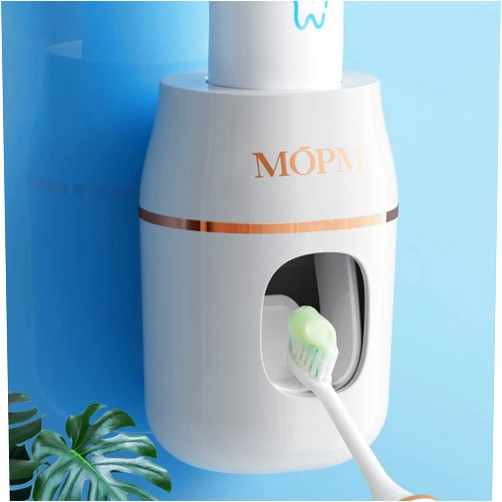 MOPMS Upgraded Toothpaste Dispenser Automatic Wall Toothbrush Holder for Bathroom Hanging Toothpaste Squeezer for Kids and Adult (White & Rose Gold-1Pcs)