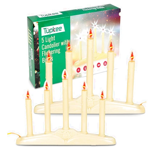 Tupkee Christmas Candolier Window Candles – with Flickering Bulbs – 5-Lights Indoor - Flameless Electric Window Candles Candelabra - 2 Pack